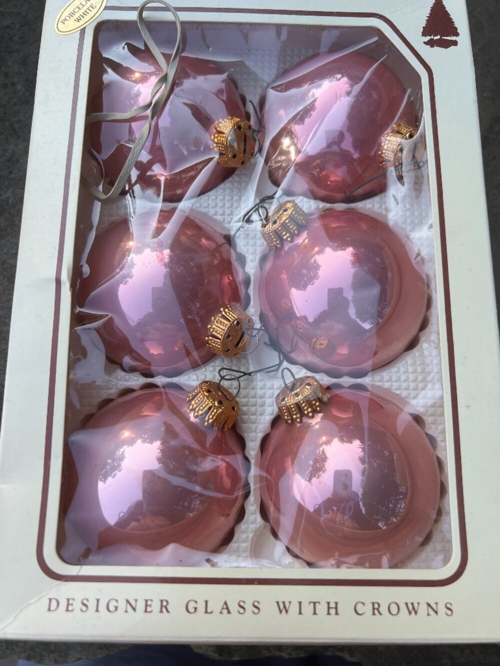 vintage glass pink Holiday ornaments with crowns made in West Germany 6 pc.retro